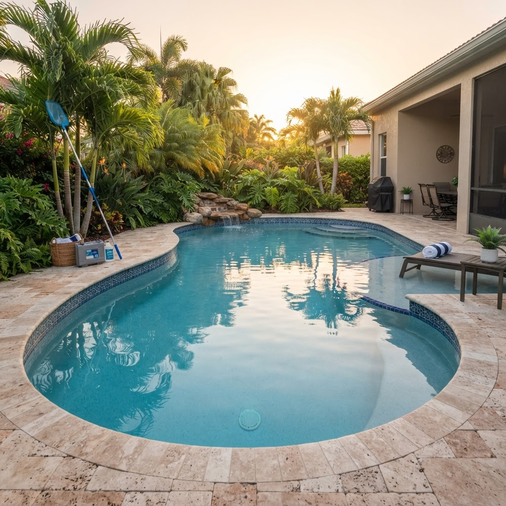 Clean residential pool with skimmer and pool-care equipment at sunset