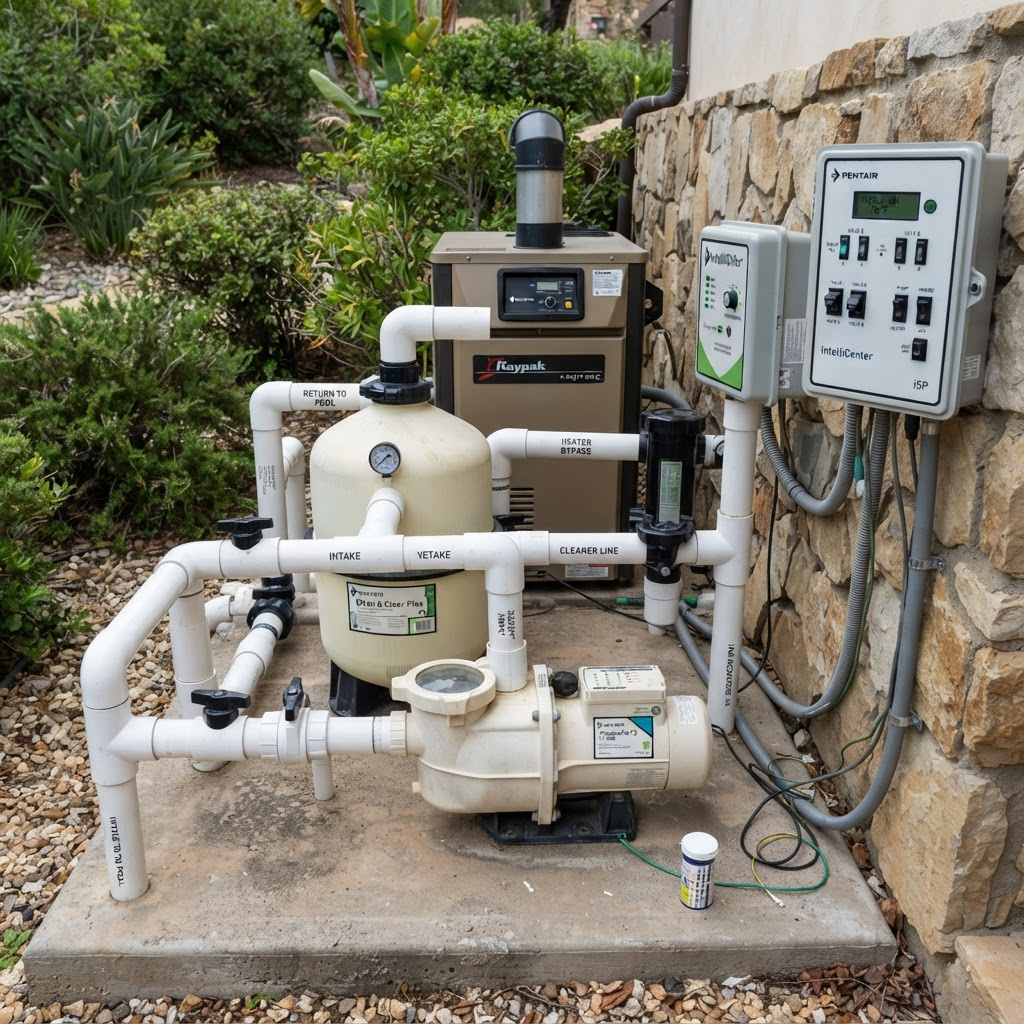 Pool pump, filter, heater, and control equipment pad