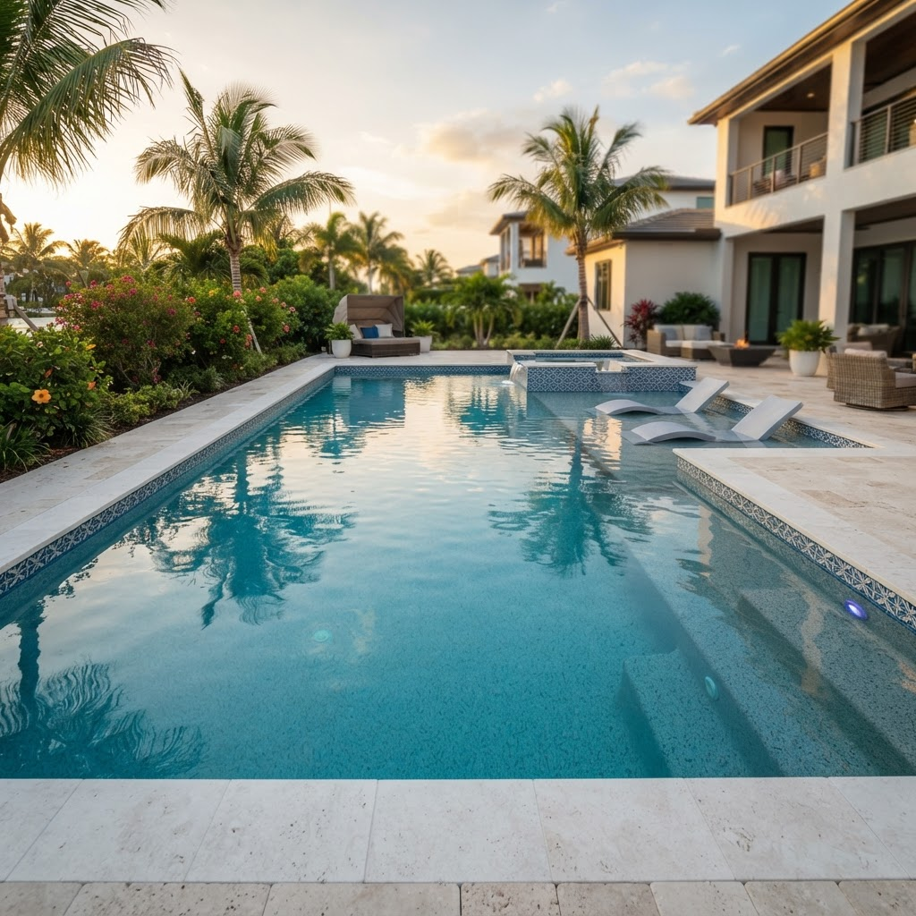 Pristine residential swimming pool in South Florida at golden hour