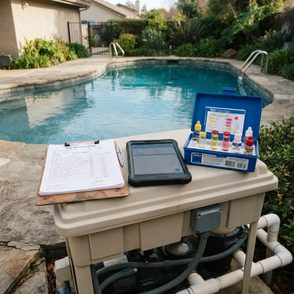 Pool water-testing kit, service report, and equipment beside a residential pool