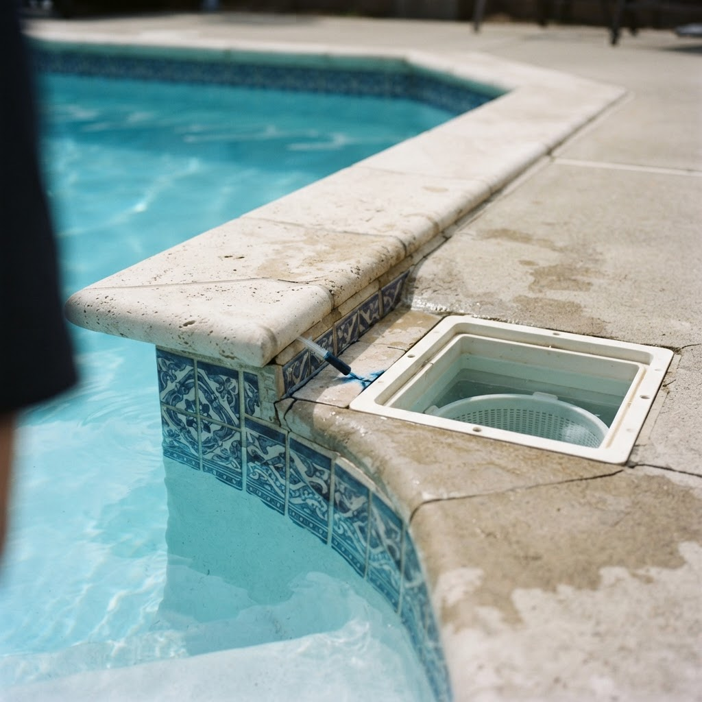 Pool coping and skimmer detail showing a possible leak concern