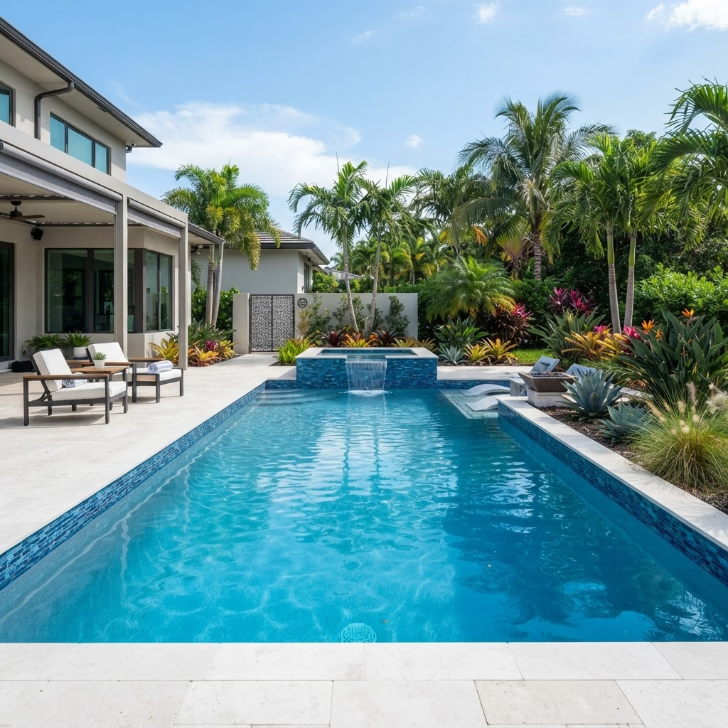 Renovated swimming pool with fresh finish and new waterline tile