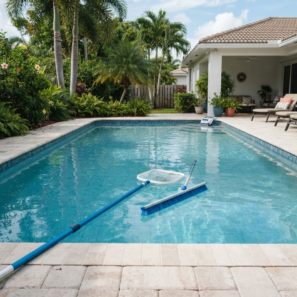 Residential pool with cleaning tools ready for weekly care